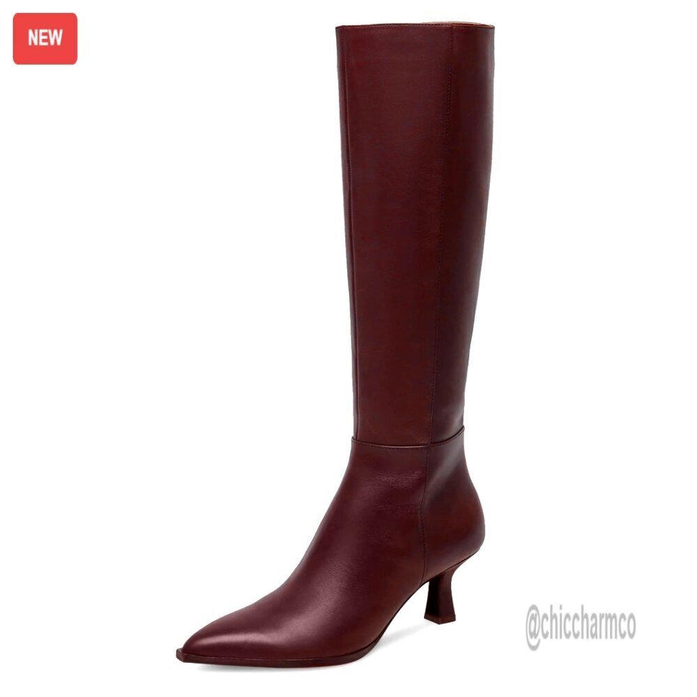 Knee High Boots Square Toe Chunky Heel Pull-On PU Leather